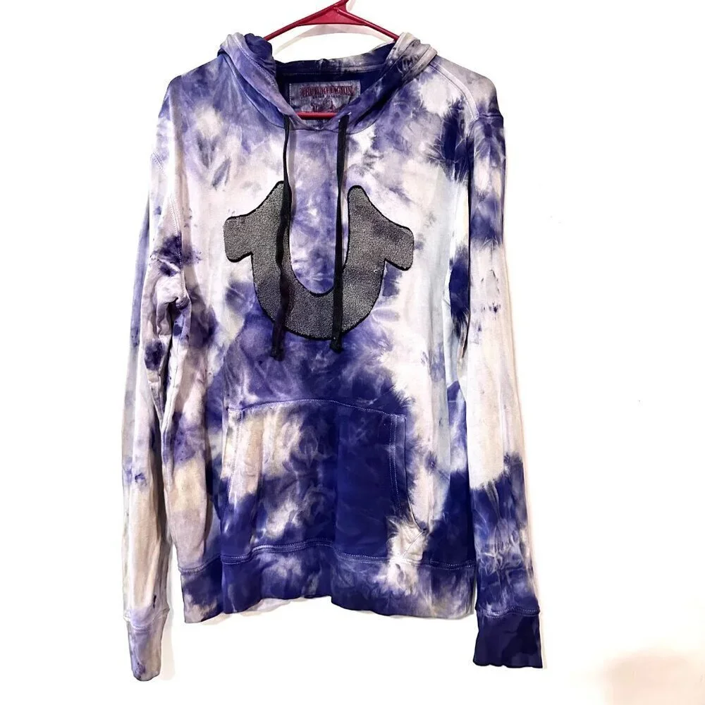 True Religion Tie Dye Hoodie Pullover Sweatshirt Blue Size Medium Unisex Dyed